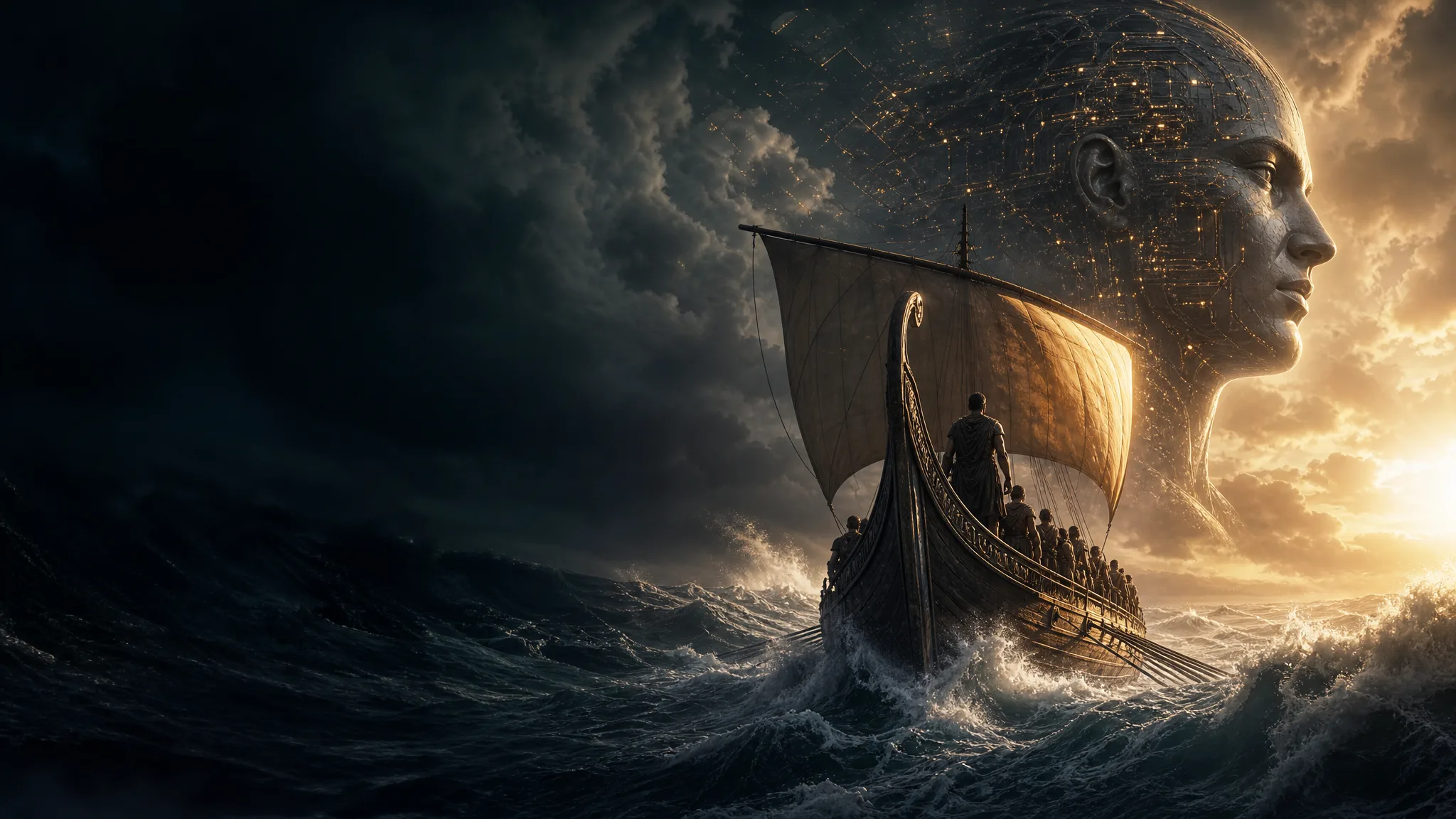 Ilustração de um navio grego navegando por mar revolto sob céu dramático, com referências visuais a cinema e inteligência artificial.