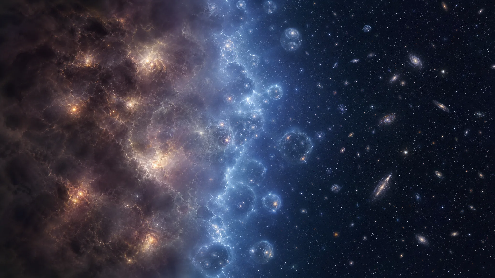 Ilustração do Universo jovem com primeiras estrelas e gás entre galáxias. Ilustração gerada por IA.