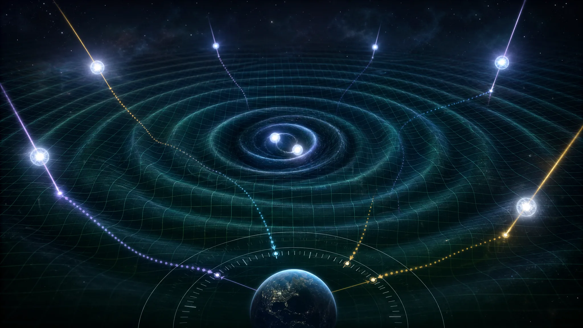 Ilustração de pulsares e ondas gravitacionais no espaço. Ilustração gerada por IA.
