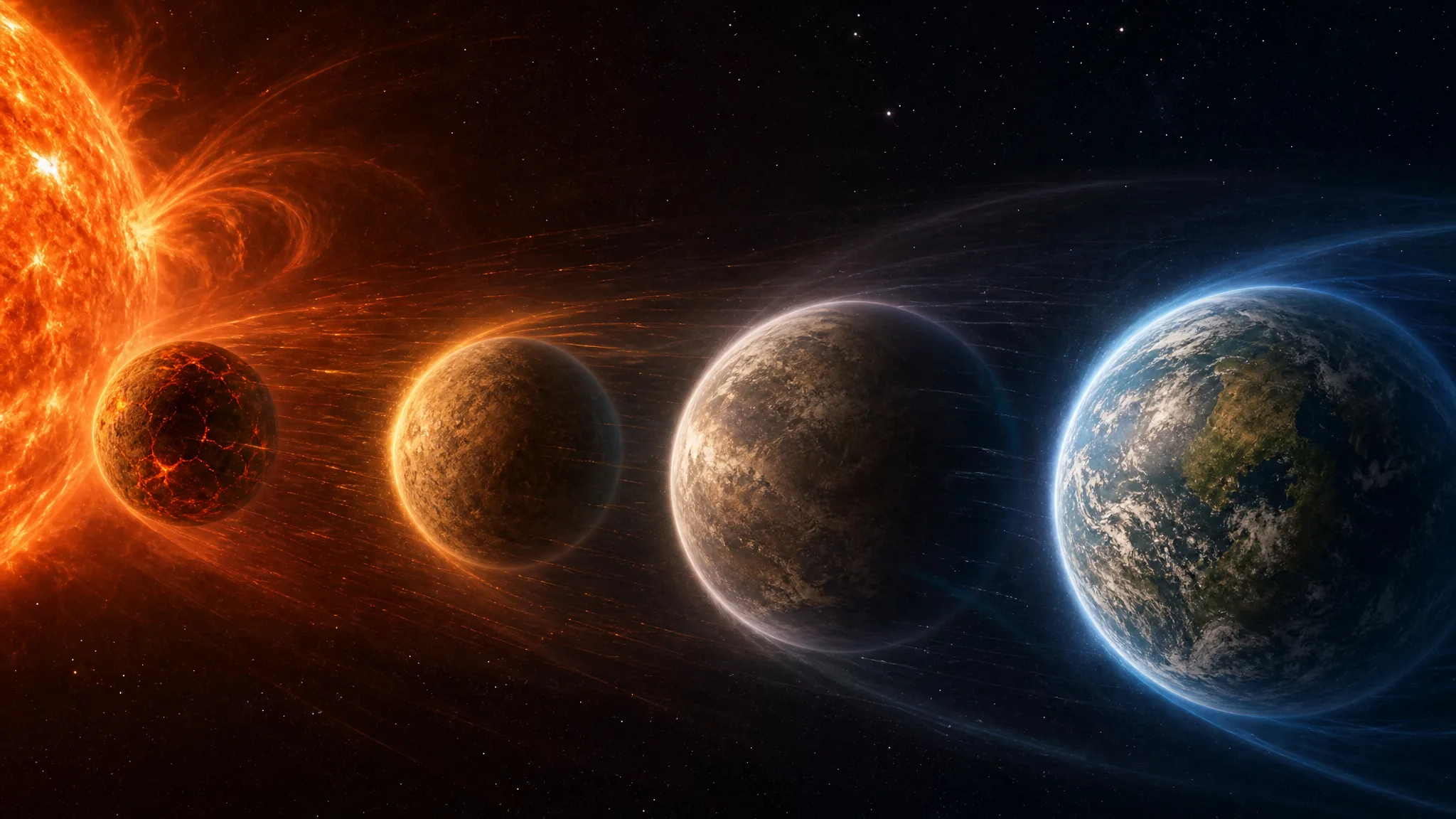 Ilustração sobre planetas rochosos, estrelas e retenção de atmosfera. Ilustração gerada por IA.