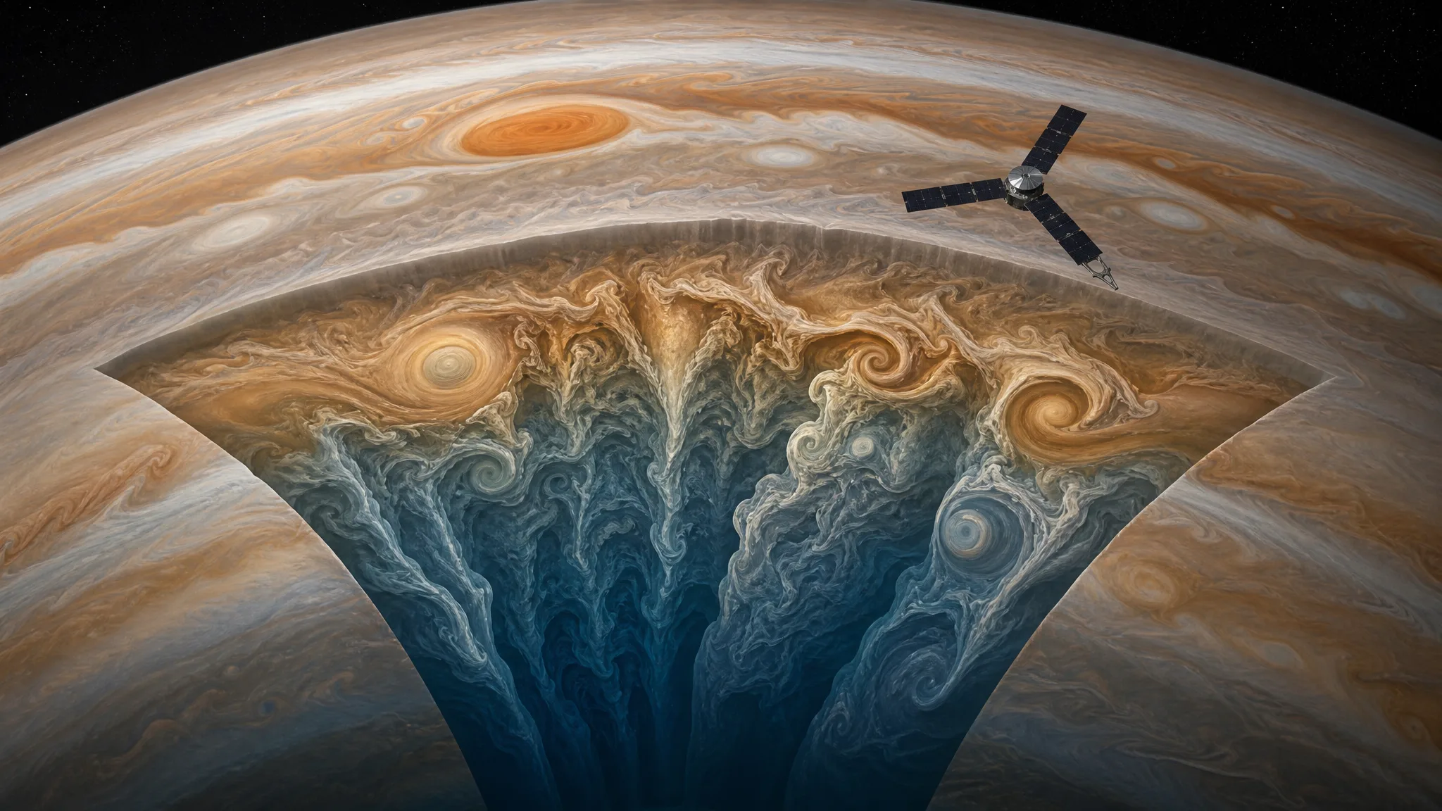Ilustração de Júpiter com destaque para sua atmosfera e tempestades. Ilustração gerada por IA.