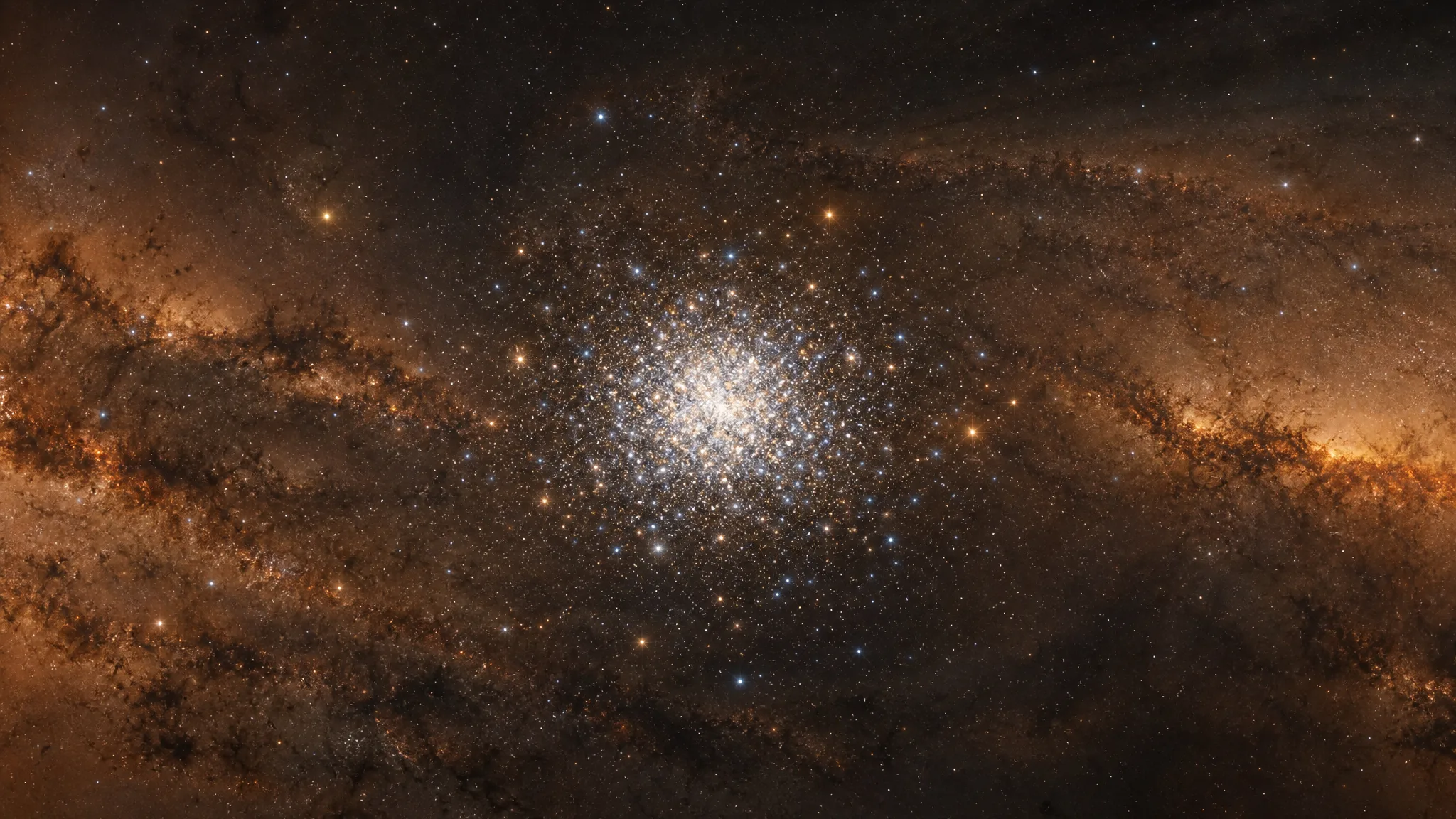 Imagem de um sistema estelar compacto e muito povoado, com estrelas concentradas no centro. Ilustração gerada por IA.