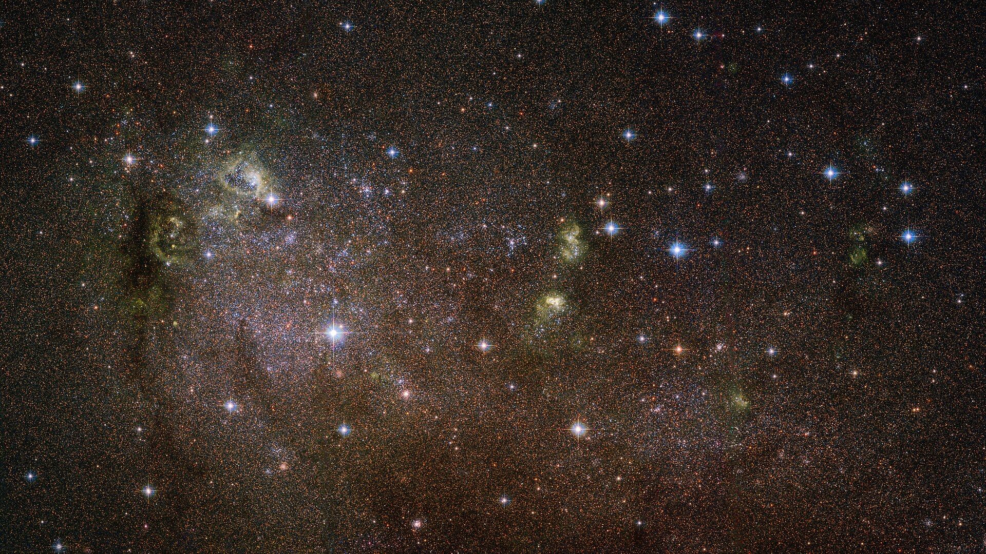 This image shows an irregular galaxy named IC 10, a member of the Local Group — a collectiongrouping of over 50 galaxies inwithin our cosmic neighbourhood that includes the Milky Way. IC 10 is a remarkable object. It is the closest-known starburst galaxy to us, meaning that it is undergoing a furious bout of star formation fueled by ample supplies of cool hydrogen gas. This gas condensescongeals into vast molecular clouds, which then formcondense into dense knots where pressures and temperatures