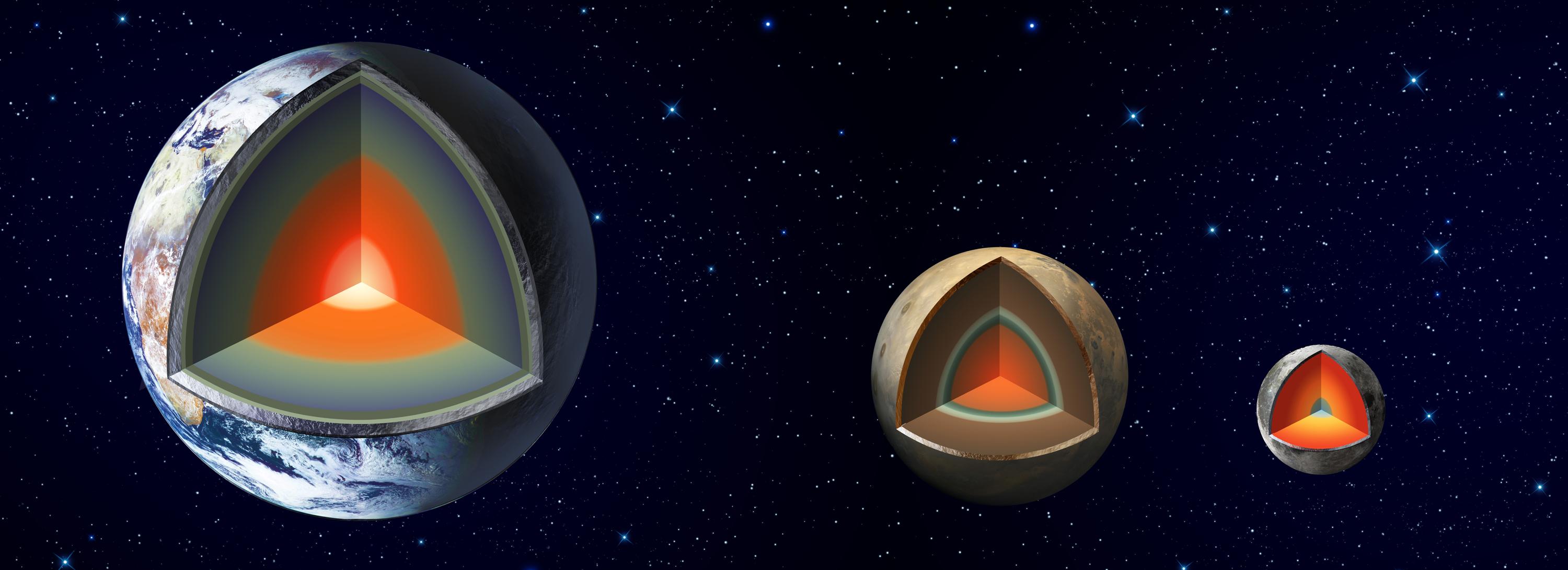 An artist's impression shows the major interior layers of Earth, Mars and the Moon.