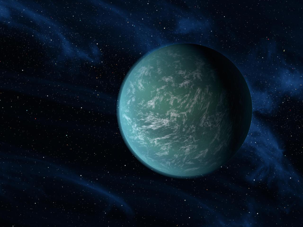This artist conception illustrates Kepler-22b, a planet known to comfortably circle in the habitable zone of a sun-like star. It is the first planet that NASA Kepler mission has confirmed to orbit in a star habitable zone.