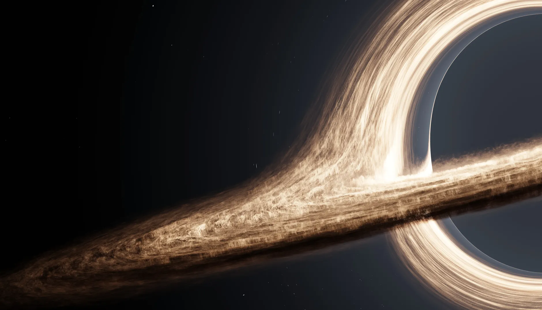 Renderização dramática em CGI de um buraco negro com disco de acreção em espiral.
