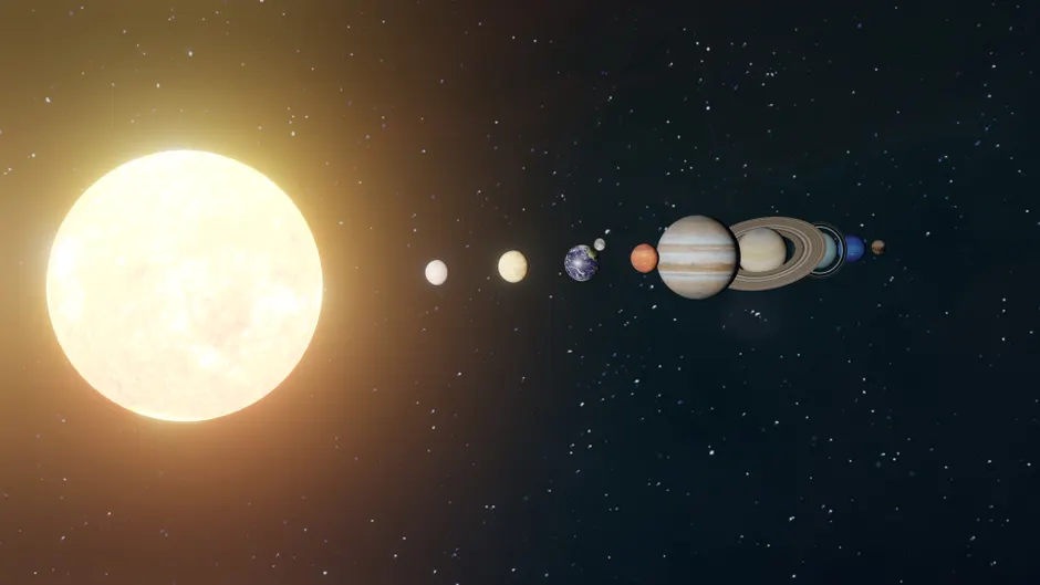 Uma representação visual do sistema solar mostrando o sol e os planetas alinhados.