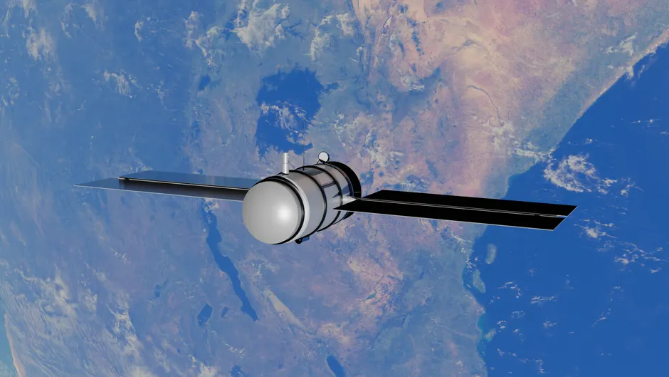 Um satélite orbita a Terra, exibindo um oceano azul deslumbrante e continentes vistos do espaço.