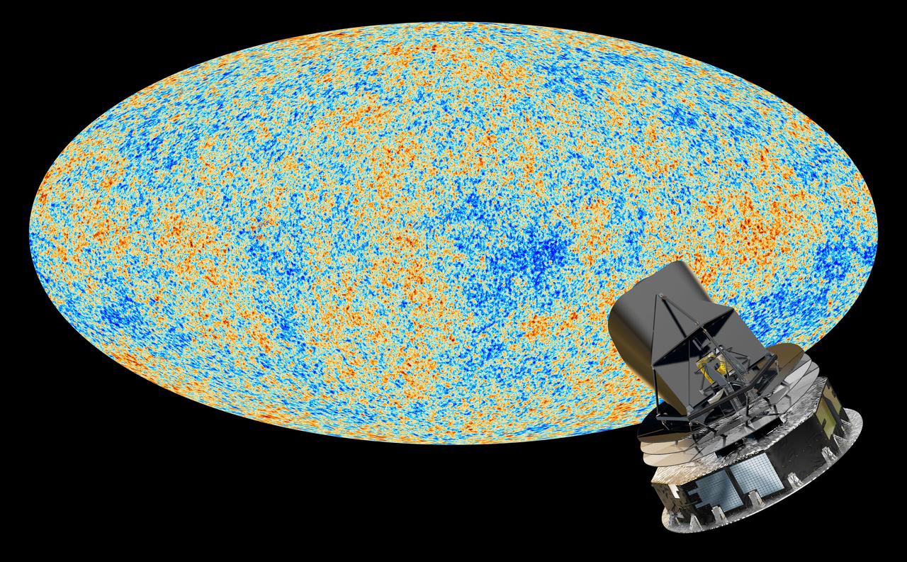The oldest light in the universe, called the cosmic microwave background, as observed by the Planck space telescope is shown in the oval sky map. An artist concept of Planck is next to the map.