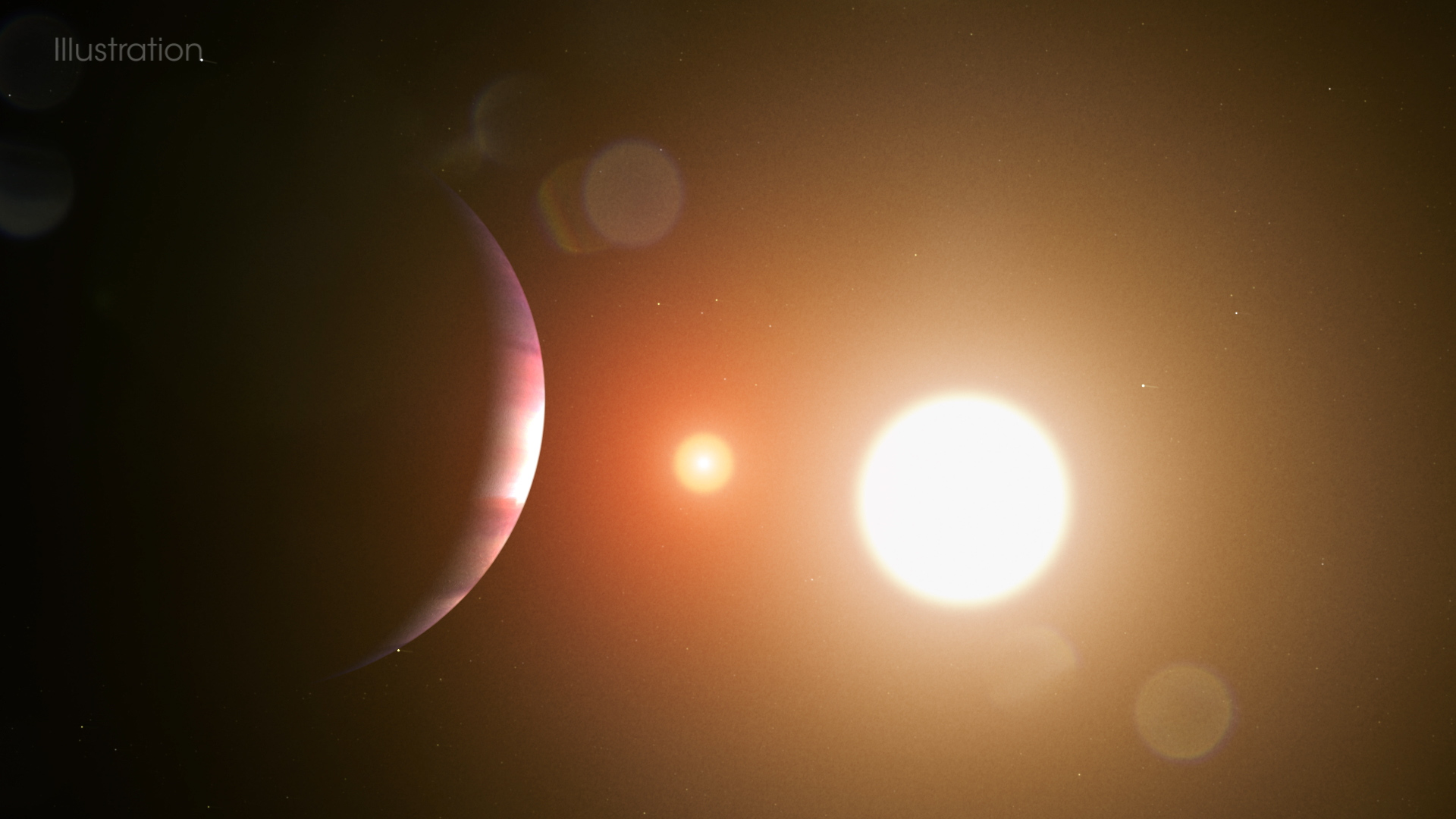 The stars in the TOI 1338 system make an eclipsing binary — they circle each other in our plane of view. If you could hover near the planet TOI 1338 b, as shown in this illustration, you would see an eclipse every 15 days.