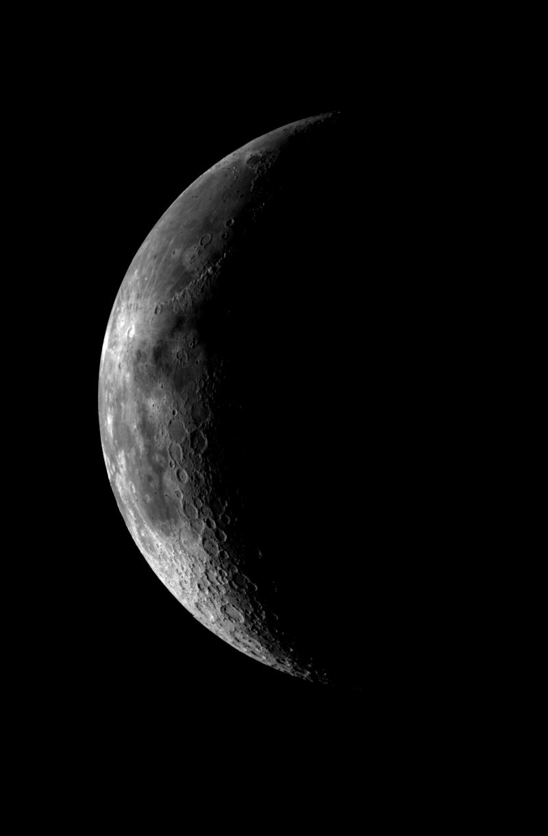 This image of the crescent moon was obtained by the Galileo Solid State imaging system on December 8 at 5 a.m. PST as NASA Galileo spacecraft neared the Earth.