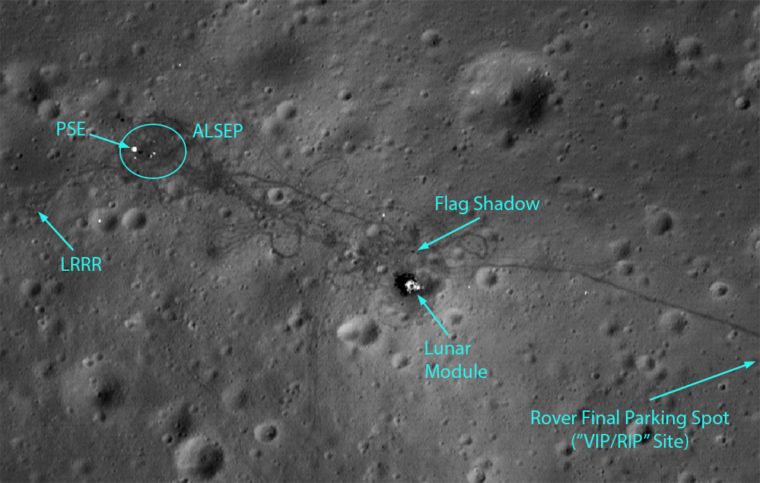 Highlights of the Apollo 15 landing site, as seen in LROC NAC image M175252641R. This image has a resolution of 27 cm/px, and shows an area of 262 m by 186 m. The Lunar Module is clearly visible, as are many tracks from the Lunar Roving Vehicle (whose final resting place is just east of the edge of this image). The Apollo 15 astronauts left a number of science instruments at the site, including the Passive Seismometer Experiment (PSE), Lunar Ranging Retroreflector (LRRR), and others; these instr