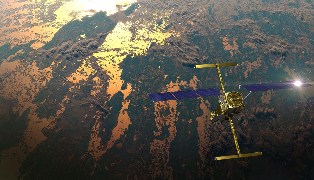 This illustration shows the SWOT satellite in orbit with sunlight glinting off one array of solar panels, as well as both KaRIn instrument antennas deployed.