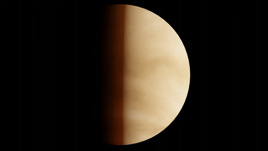 Uma imagem impressionante de Vênus parcialmente iluminada contra um fundo escuro, destacando seus detalhes atmosféricos.