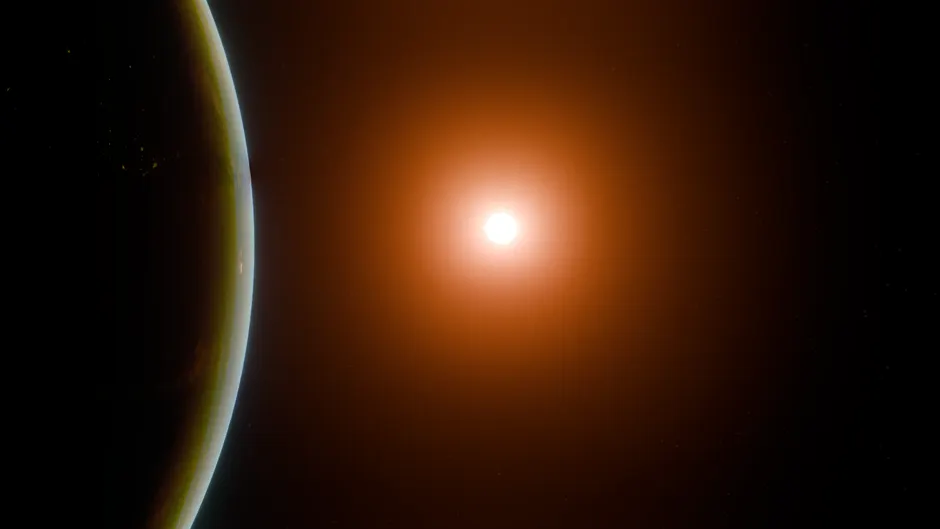 Uma vista impressionante do horizonte da Terra com um sol brilhante no espaço.