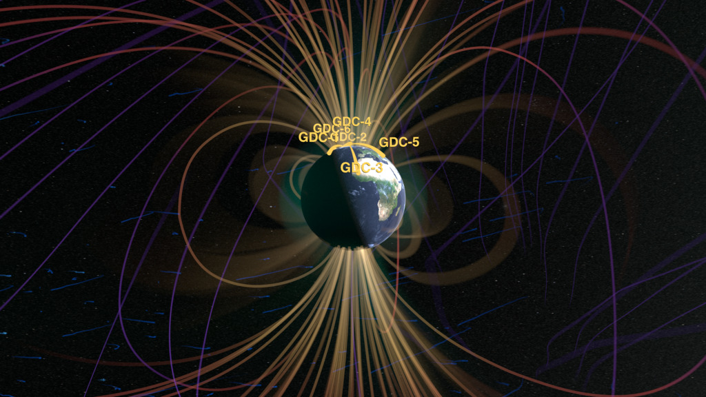 This visualization shows the Earth's magnetosphere being hit by a geomagnetic storm. The MAGE model simulates real events that happened throughout May 10-11, 2024.White orbit trails: All satellites orbiting Earth during the stormOrange orbi