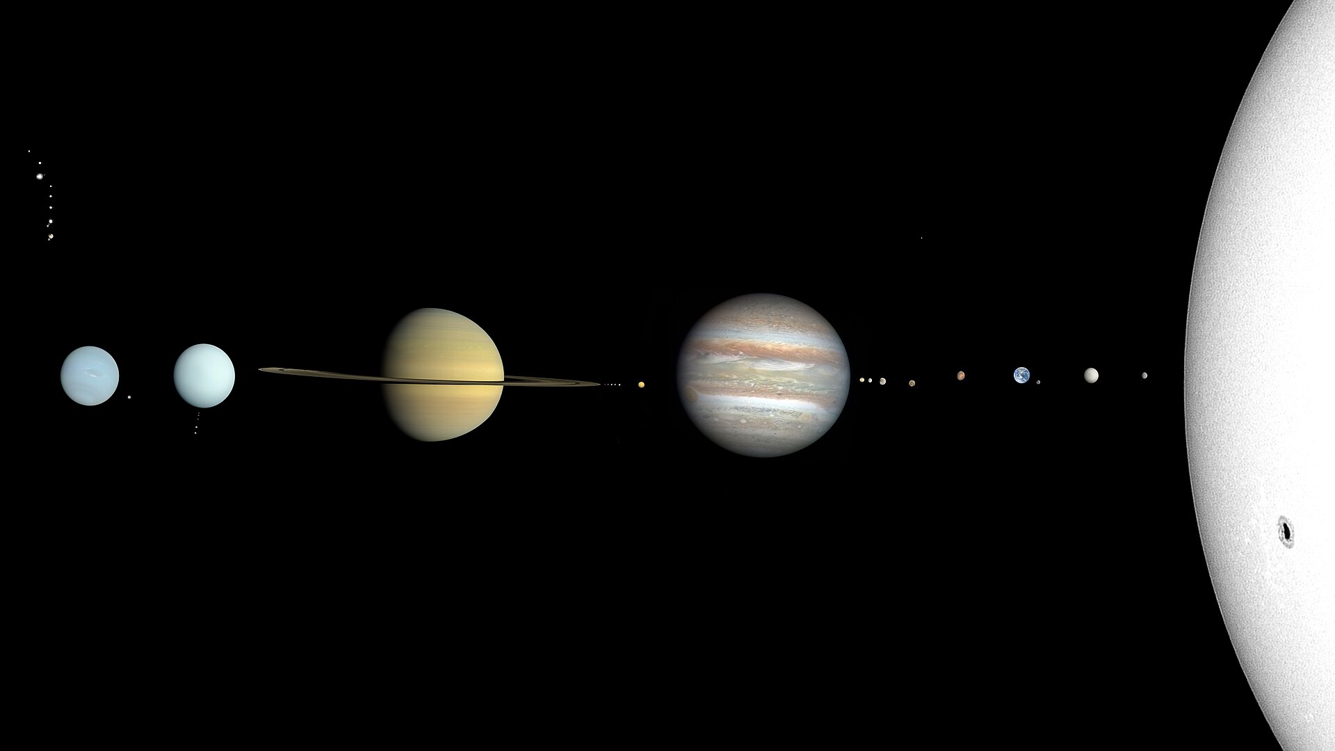 Finally... the true color of the Solar System! Dwarf planets are sorted by radius ascending from top down, with four main classifications from right to left: Asteroid belt (Ceres, above the Jovian moons), Kuiper belt (Orcus, Quaoar, Makemake, Haumea, Pluto), scattered disk (Gonggong, Eris), and detached objects (Sedna). Dwarfs are at a larger scale than the moons.Planet and moon credits: User:MotloAstro (Sun); NASA (Mercury, Venus, Earth, Mars, Jupiter, Saturn, Uranus, Neptune (color calibrated