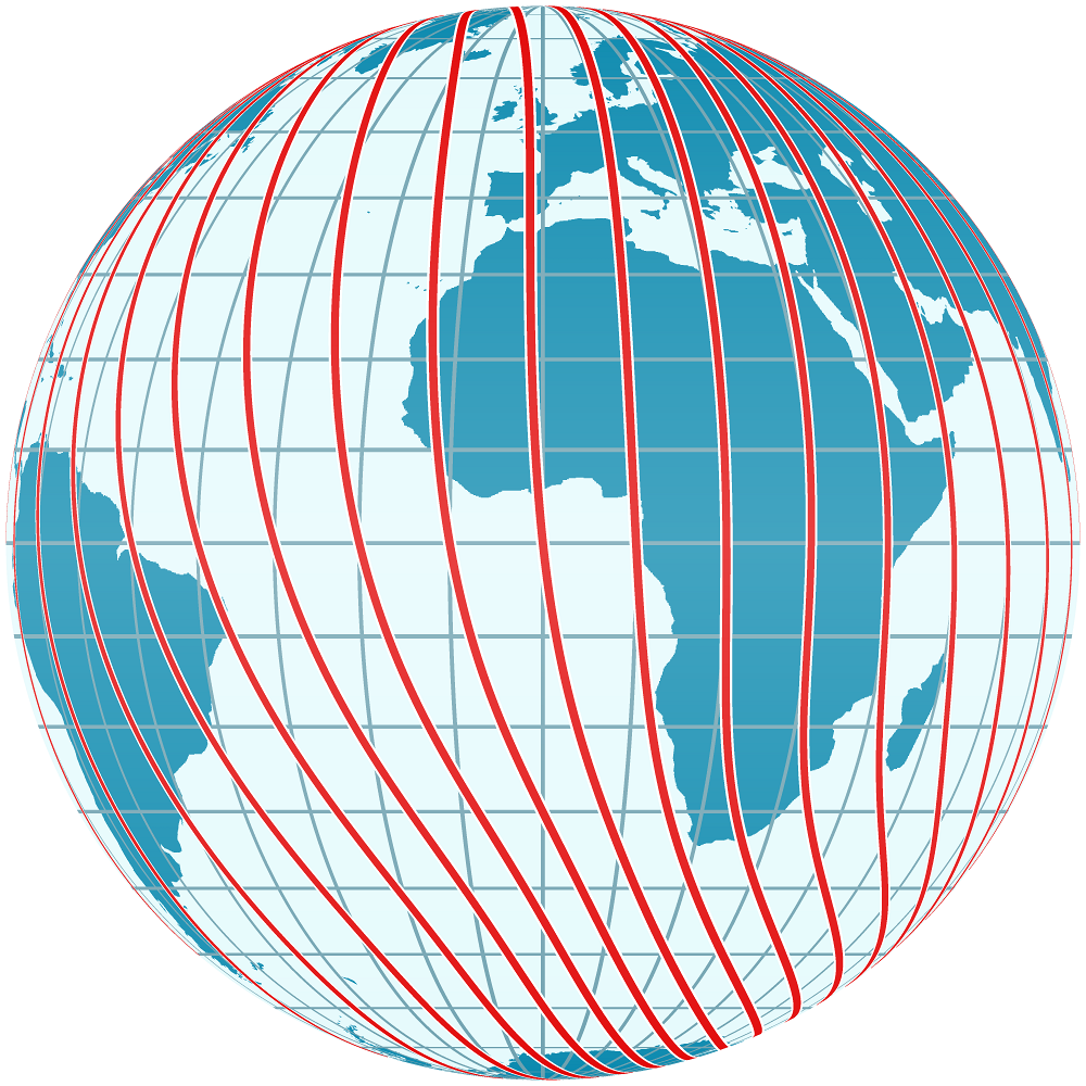 The diagram shows the magnetic meridians of the Earth's magnetic field. It is centered on the point at latitude 0° and longitude 0°. The magnetic meridians (not to be confused with magnetic field lines) follow the directions shown by a magnetic compass, that is, they follow the direction of the horizontal component of the field lines in the vicinity of the Earth's surface and thus show the shape of the field. The angle between the magnetic meridians (red) and the geographic meridians (blue, runn