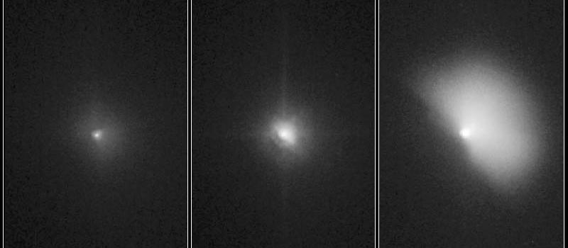 These pictures of comet Tempel 1 were taken by NASA Hubble Space Telescope. They show the comet before and after it ran over NASA Deep Impact probe.