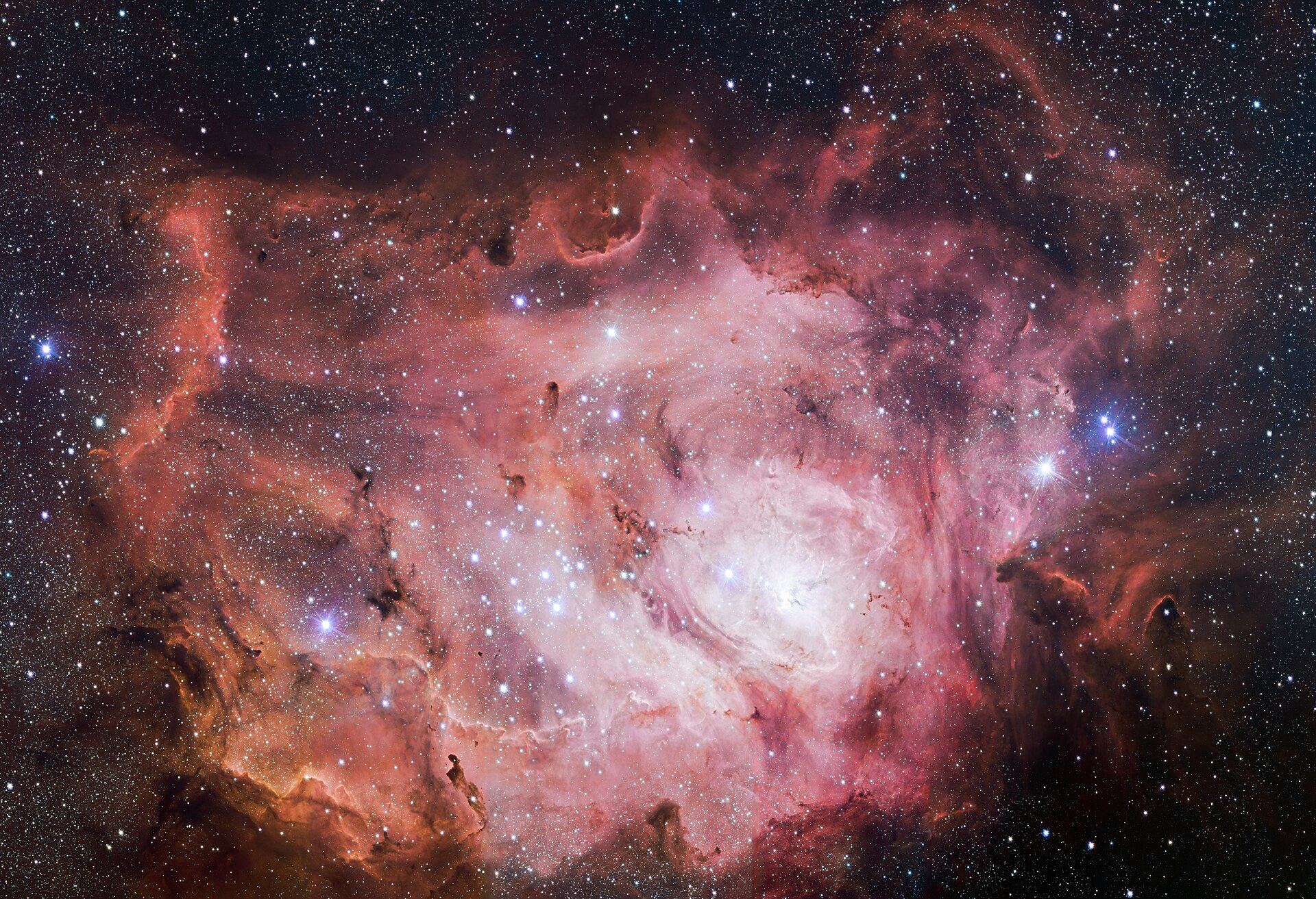 The VLT Survey Telescope (VST) at ESO's Paranal Observatory in Chile has captured this richly detailed new image of the Lagoon Nebula. This giant cloud of gas and dust is creating intensely bright young stars, and is home to young stellar c