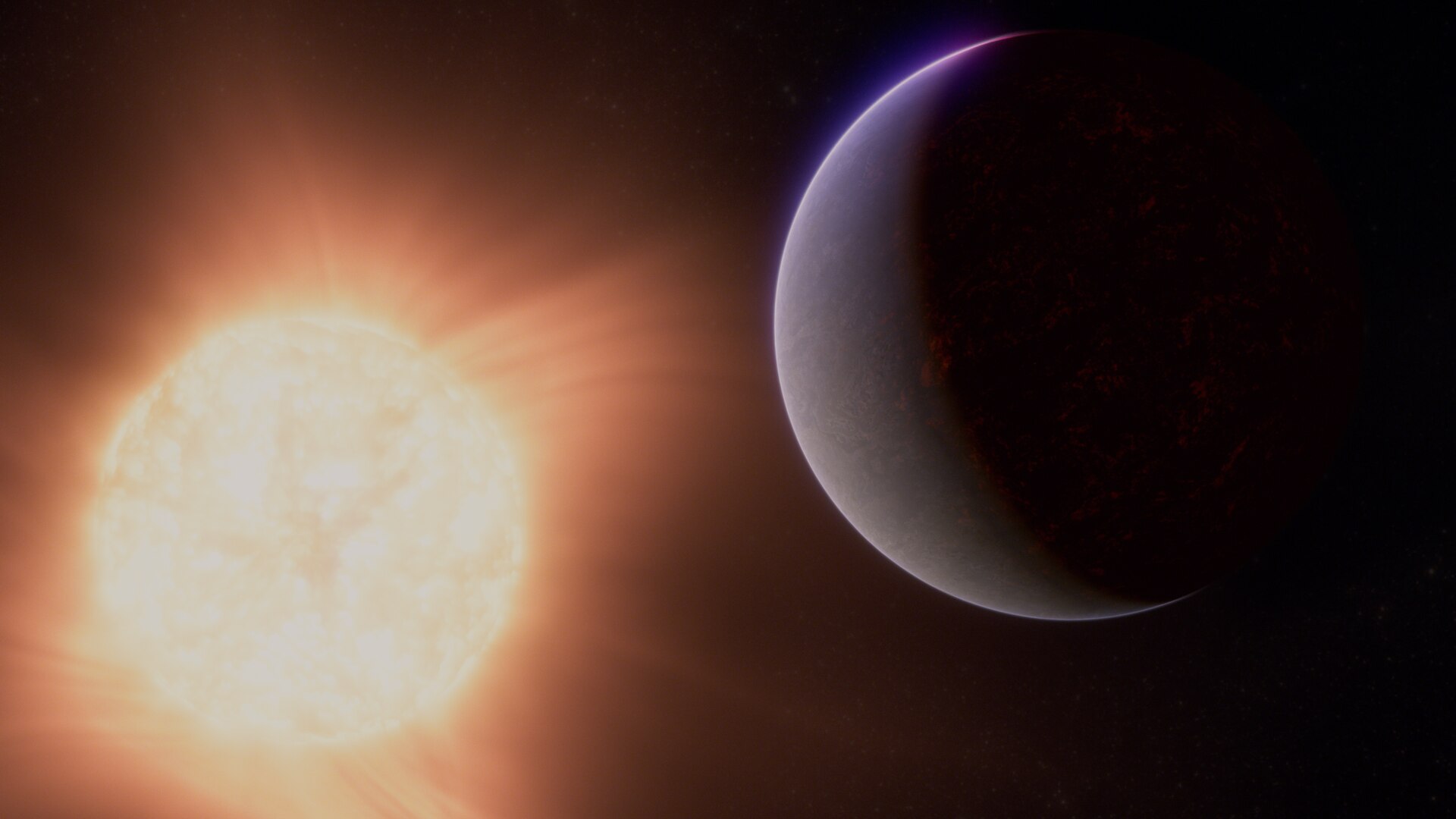 This artist’s concept shows what the exoplanet 55 Cancri e could look like.Also called Janssen, 55 Cancri e is a so-called super-Earth, a rocky planet significantly larger than Earth but smaller than Neptune, which orbits its star at a distance of only 2.25 million kilometres (0.015 astronomical units), completing one full orbit in less than 18 hours. In comparison, Mercury is 25 times farther from the Sun than 55 Cancri e is from its star. The system, which also includes four large gas-giant pl