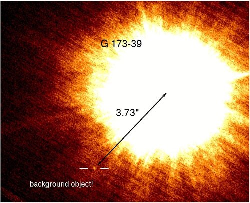 Faint ΔKs = 12.16 companion with a separation of 3.73 arcseconds from the central star. Follow-up observations revealed its background nature through proper motion arguments. If it were at the same distance as G173-39, it would correspond to a ~10 Mjup companion at 53.4 AU.