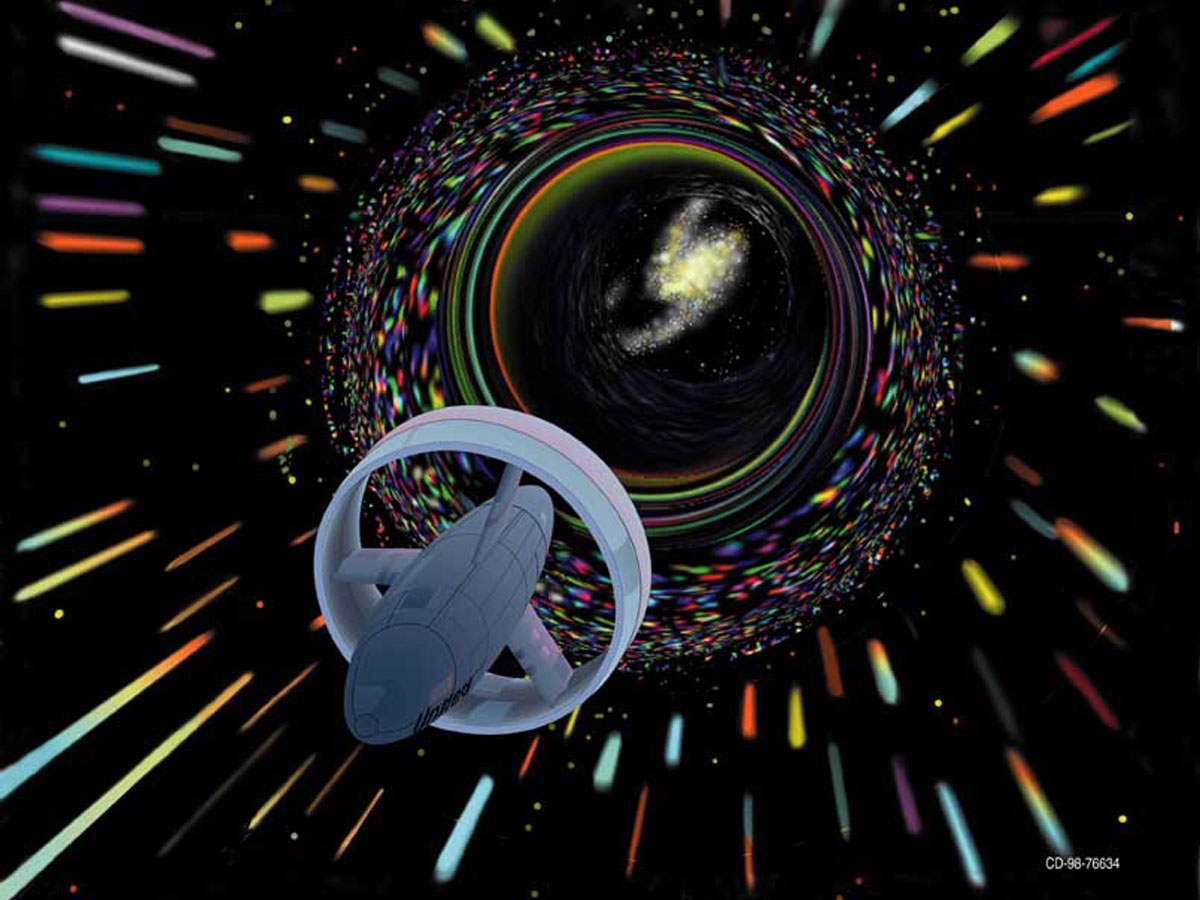 Concepção artística de uma nave atravessando um buraco de minhoca, cercada por faixas luminosas.